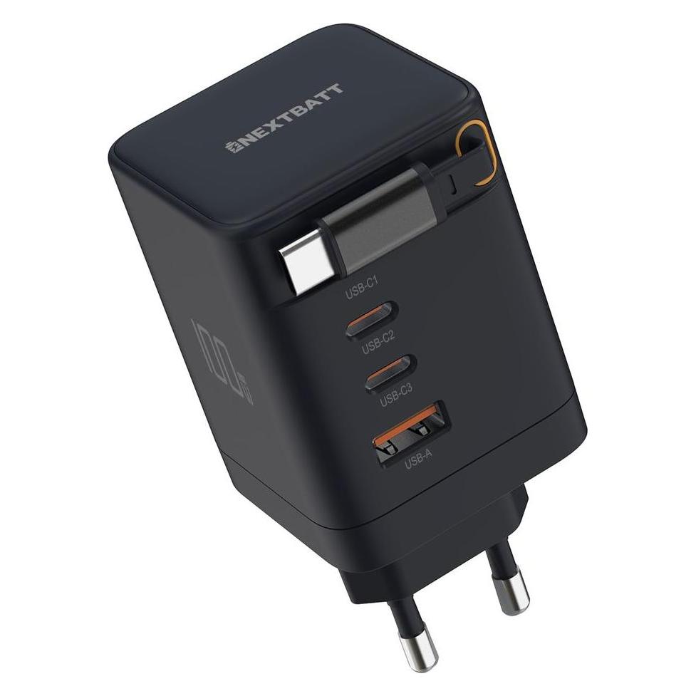 Nextbatt 100W GAN Fast Charger with Retractable USB-C Cable - Black (100 W) (NB-100WCC)