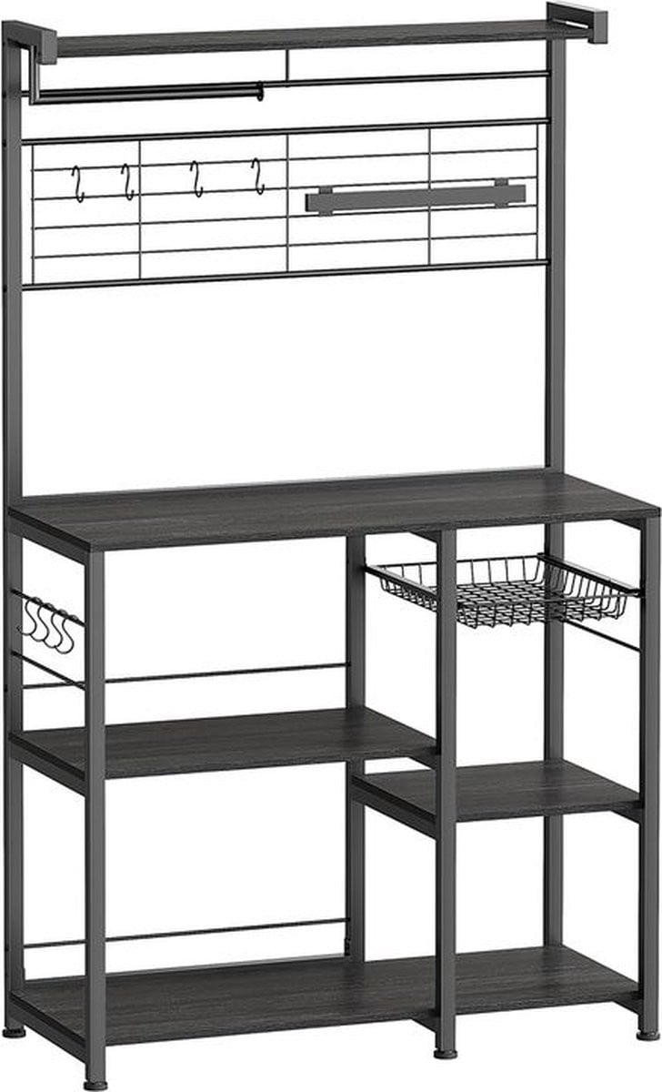 Zwart Keukenrek met Werkblad, Magneetstrip voor Messen, Draadmand, Keukenrolhouder en 12 Haken