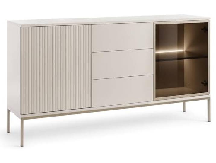 Emporius Daveno Kommode mit Lamellen, Beige, Wohnzimmer Kommode mit LED - Loft Stil, Sideboard 3-türig mit Schubladen - 154 cm breit