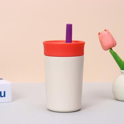 ModernMart Insulated Stainless Steel Travel Mug With Straw Portable Thermos Cup For Hot And Cold Drinks beige