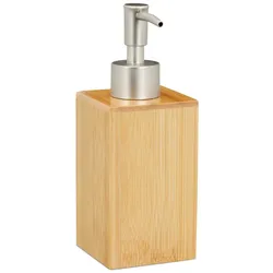 Relaxdays Seifenspender, nachfüllbar, Pumpspender, Bambus & Kunststoff, 200 ml, Flüssigseifenspender, Bad, natur/silber