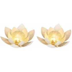 LED Lotusblume Gartendeko Solarlampe Außenleuchtee Solarleuchte Tischlampe, Metall weiß Crackle-Glas, DxH 27,6 x 12 cm, 2er Set