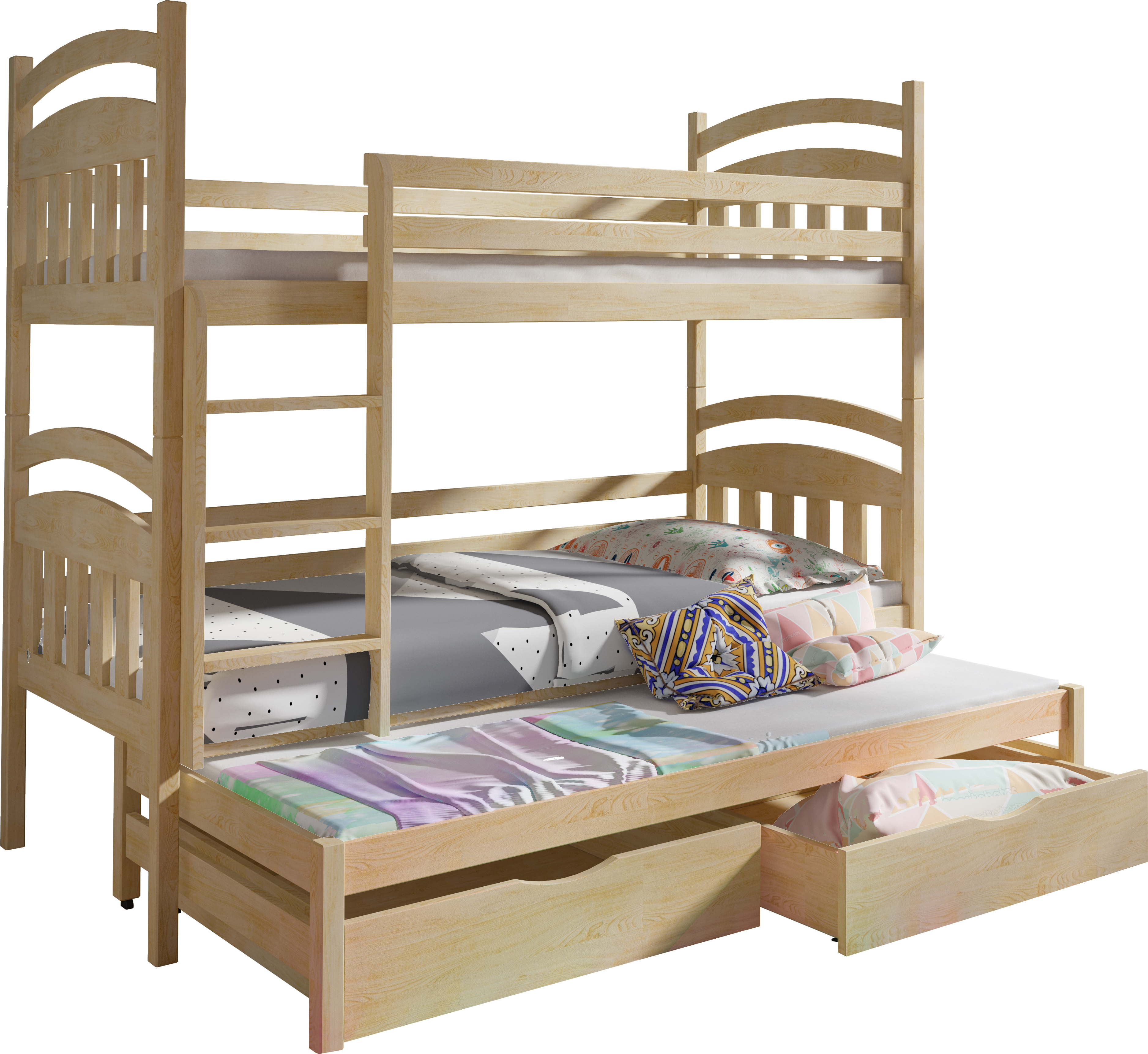 KEF ANTON Etagenbett Kinder Holz Kinderbett für Drei Kinder Leiter Universal mit Matratze 80x160 cm Kiefer