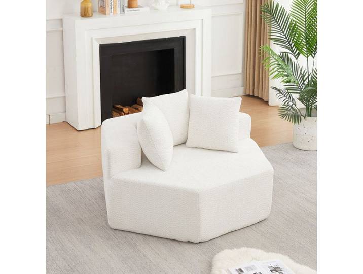 Fauteuil Modulaire 1 Place avec Design Hexagonal Confort Moelleux et 3 Coussins pour Salon en Chenille Bouclée Beige