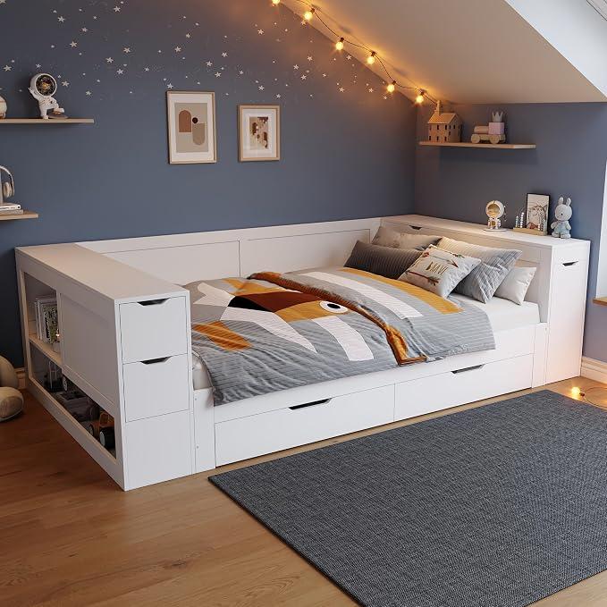 Holzbett, Kinderbett, Stauraumbett 140x200 cm, Daybed,Multifunktionales Stauraumbett mit Schubladen, Regalen und Stauschränken, mit Nachttischen, für Jugendliche geeignet, ohne Matratze, weiß.