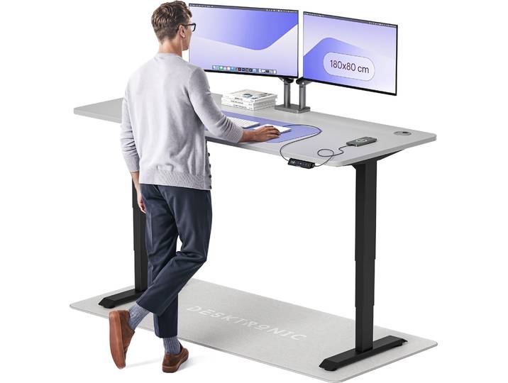 Desktronic HomePro Bureau électrique réglable en hauteur 180x80cm noir/gris avec fonction mémoire\, technologie anti-collision\, ports de recharge USB-A et USB-C