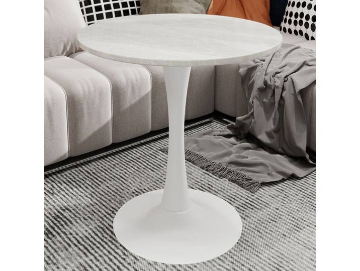 Table basse ronde 70 cm blanche plateau effet marbre artificiel style moderne minimaliste pour salon ou coin repas