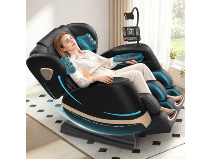 Gegcucey Ganzkörper Massagesessel mit Rollen & Airbags für Massage, Zero Gravity mit Bluetooth Lautsprecher und Touchscreen, Heizfunktion für Taille & Beine, mit Fußmassage für Hause/Büro (Schwarz)