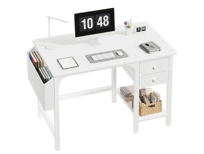 Bureau Blanc 100 cm 2 Tiroirs – Table Ordinateur Moderne Chambre Petit Espace Ado Fille – Bureau Informatique Pratique