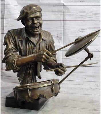 Bronzhaus African African Drummer Black Musician Sculpture Bronze Statue Art Decor Marble Base