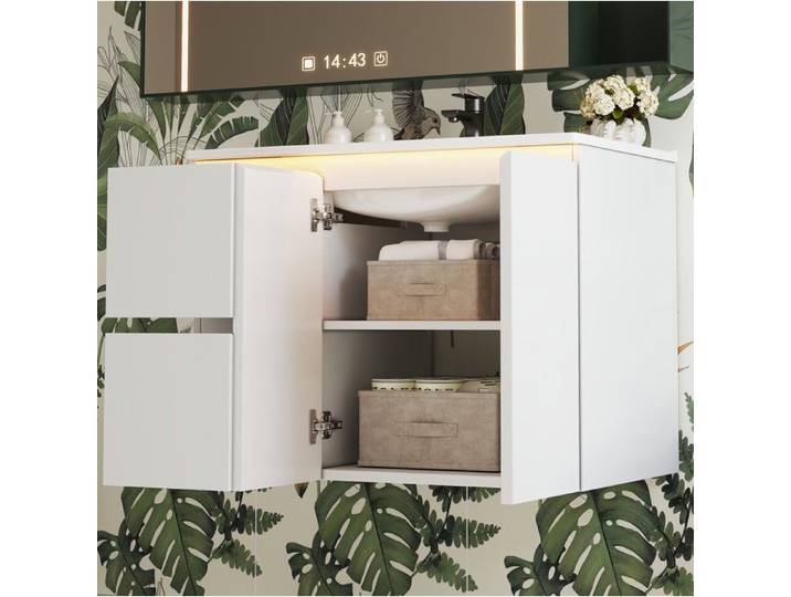 Modenuit Meuble vasque mural 76x47x57 cm vasque céramique intégrée LED à capteur radar blanc