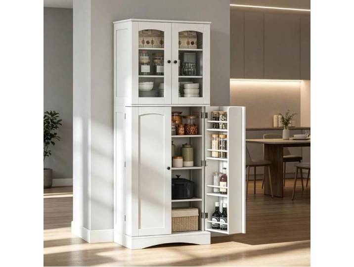 MEUBLIV Buffet de cuisine blanc meuble de rangement avec portes vitrées étagères réglables 60 x 40 x 162 cm