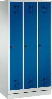 Kleiderspind Evolo S 3000, 3 Abteile, Stahl, Sockelhöhe 100 mm, Sicherheitsdrehriegelverschluss, lichtgrau/enzianblau