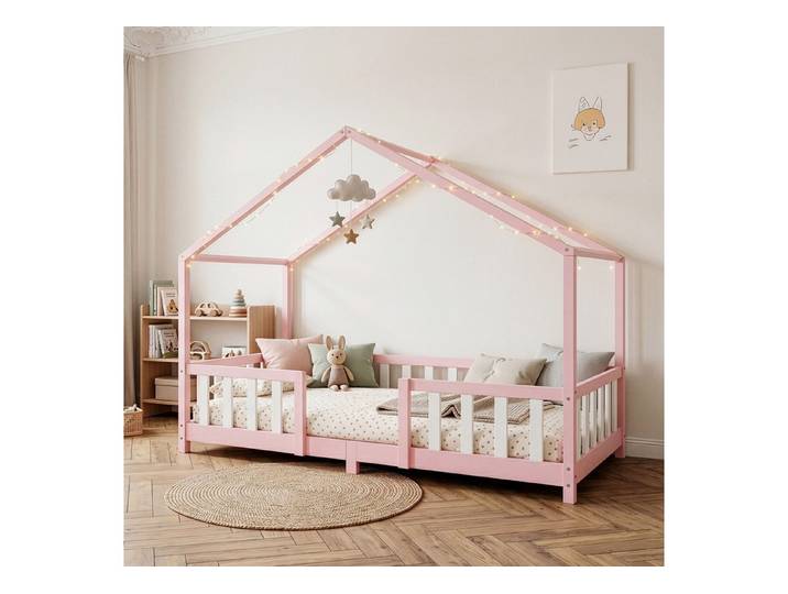 en.casa Kinderbett, »Treviolo« Haus-Optik Montessori 90x200 cm Rosa/Weiß
