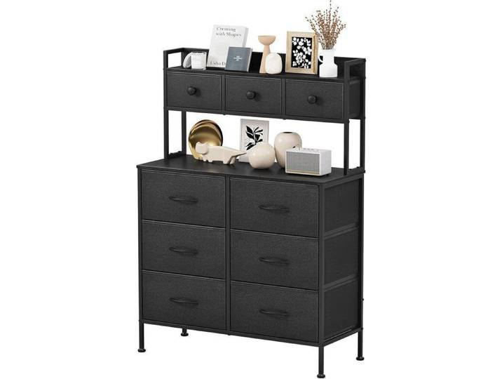 Commode 9 Tiroirs En Tissu Commode Chambre NETTAESENO Commode En Tissu Meuble de Rangement 35 x 80 x 130 cm Métal & MDF Noir