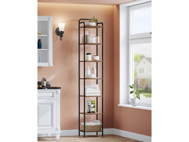 Etagere 7 Niveaux Bibliotheque Meuble de Rangement Étagère d'angle Industriel pour Bureau Salon Marron Rustique et Noir