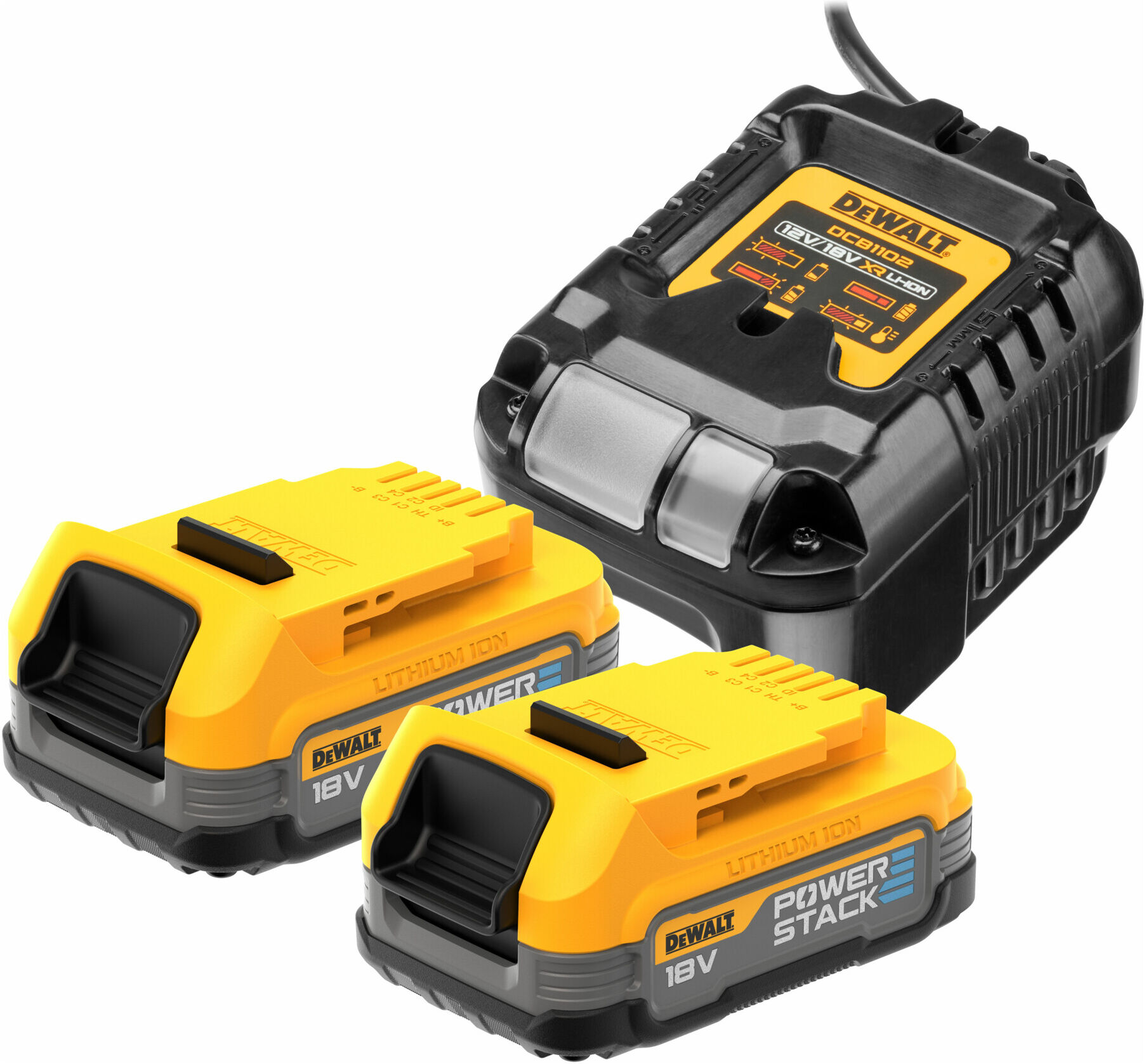 DEWALT Powerstack Akku, 18V / 1,7Ah, 2er-Set +Ladegerät DCB1102 (DCB1102E2-QW)