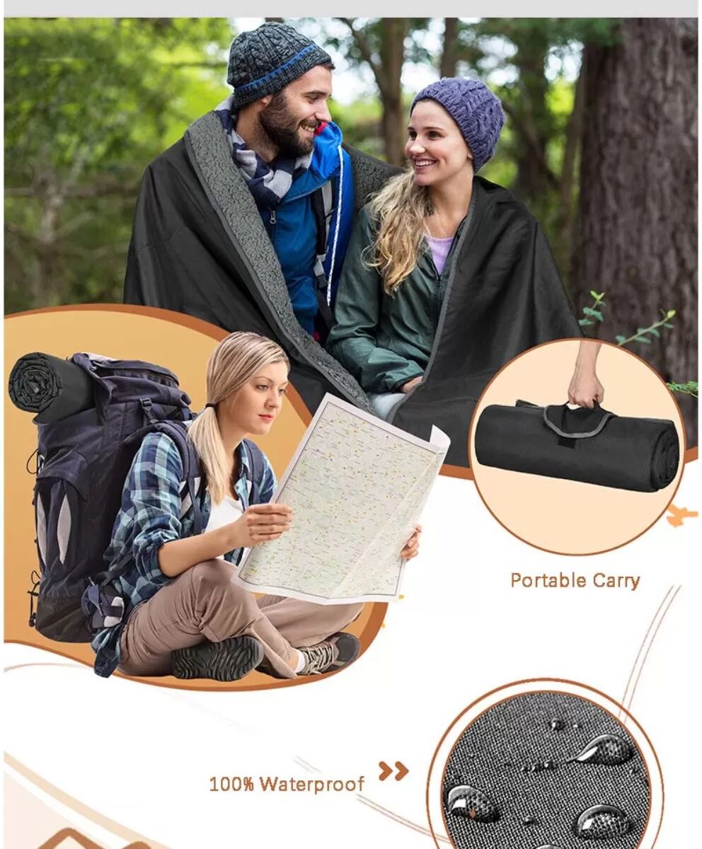 INF Plüsch Verdickte Picknickdecke - Wasserdicht & Faltbare Outdoor-Decke Grau