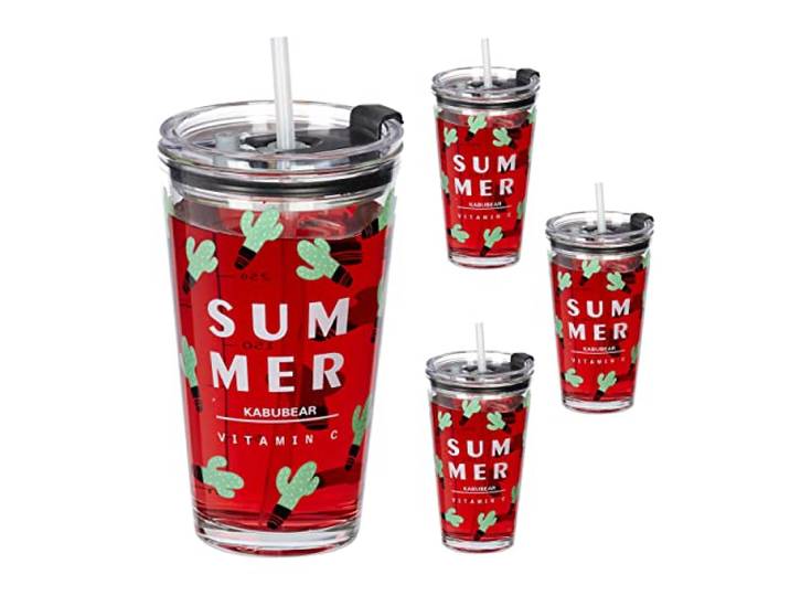 Relaxdays drinkglazen set van 4, cactus print, deksel & rietje, transparant