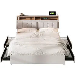 Polsterbett 140x200 mit 4 Schubladen, verstellbarem Kopfteil, USB-C Steckdose, Leinenbezug, stabiler Lattenrost, für modernen Komfort – Hellbeige