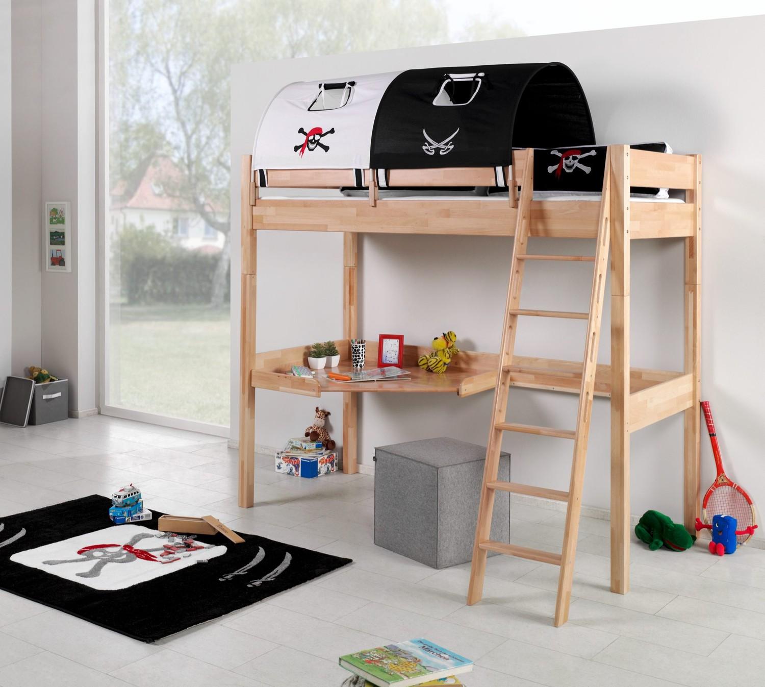 Hochbett Renate Buche Massiv Natur lackiert mit Schreibtisch und Textilset