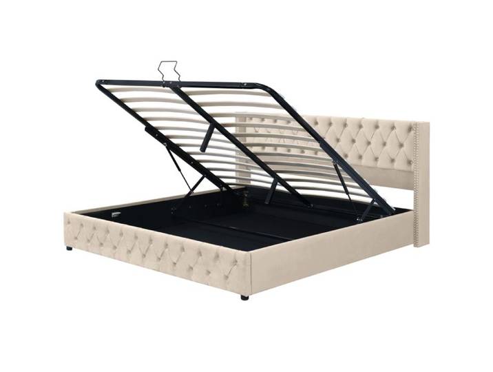 Lit coffre double 180x200 cm en velours avec tête de lit oreilles clous décoratifs rangement hydraulique beige