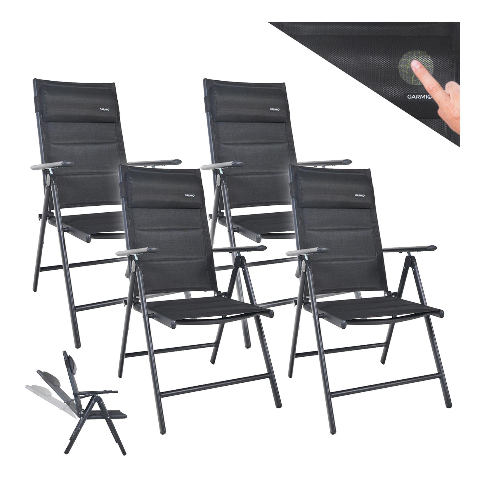 GARMIO® Gartenstuhl Balkonstuhl FLORENZ schwarz, 4er SET, 7-fach verstellbar, klappbar, inkl. Nackenkissen, für Terrasse