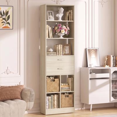 Rackcog Muldo 80'' Tall Open Cubby Bookcase with 2 Wood Drawers, Display Bookshelves Storage Cabinet - 18.9''