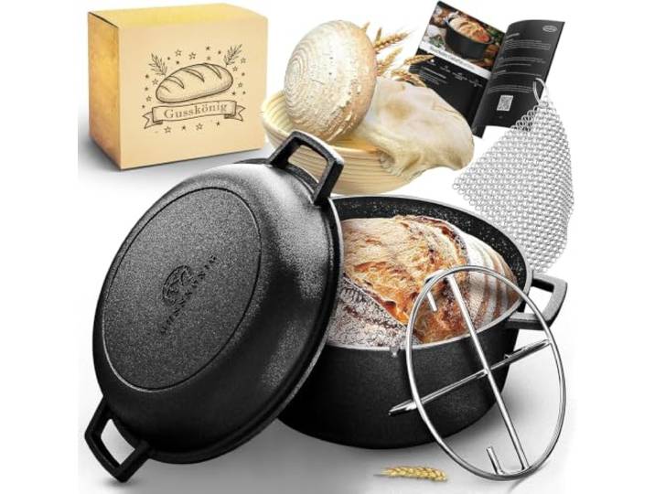 GUSSKÖNIG Gusseisen Topf Brot Backen 6,5 L mit Deckel als Grillpfanne – 2in1 Brotbackform, Brotbacktopf & Brottopf, eingebrannter Dutch Oven inkl. Gärkörbchen, Ringreiniger, Untersetzer & Rezeptbuch