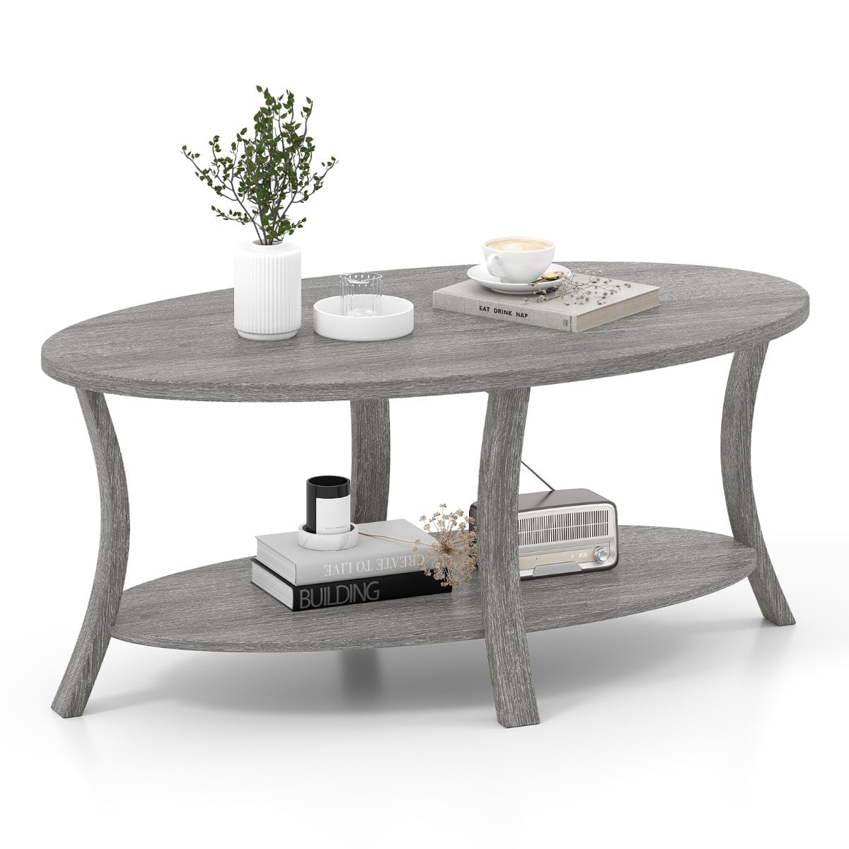 Costway Ovale Salontafel met Opbergruimte, Grijs