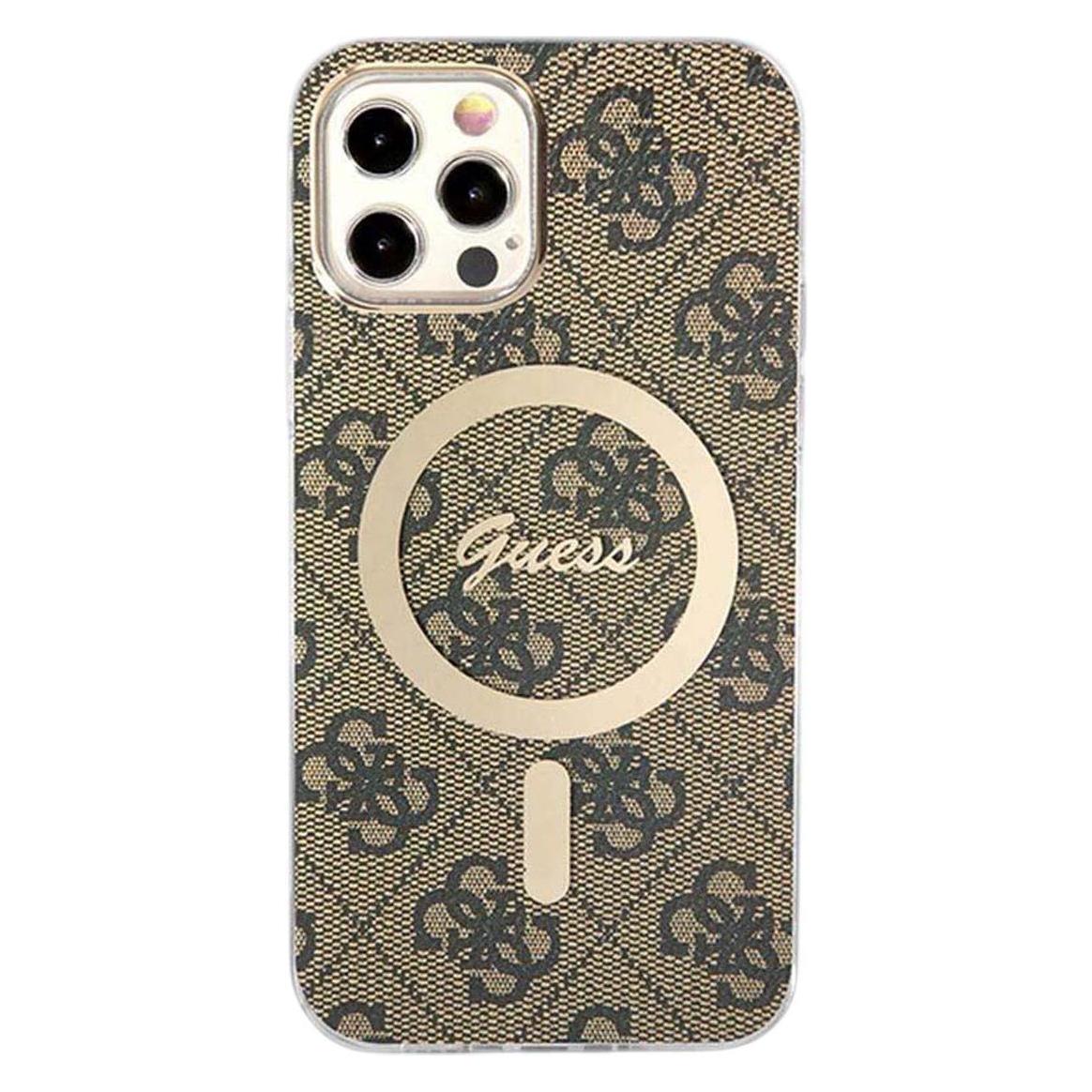 Guess Zestaw GUBPP12MH4EACSW Case+ Charger iPhone 12/12 Pro brązowy/brown hard case 4G Print MagSafe (Apple iPhone 12, Apple iPhone 12 Pro) (GUE002549-0)