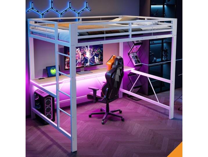 Lit mezzanine avec bureau intégré et LED 140x200 pour gaming