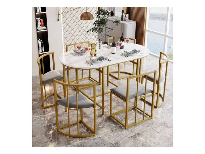 IDEASY Essgruppe 7-tlg, Esstisch+6 Esstischstuhl mit Rückenlehnen und grauen Polstern, (Sechs-Stuhl Esstischset, Weißer Tisch, Gold/Schwarz Eisengestell), Moderne Esstischkombination, 4 kleinen Hockers und 2 großen Hockers