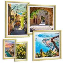 BILDER SET 5er Set - 50x50 cm & 20x30 cm & 40x60 cm Goldrahmen - Bezaubernde Straßen voller Zitronenblüten