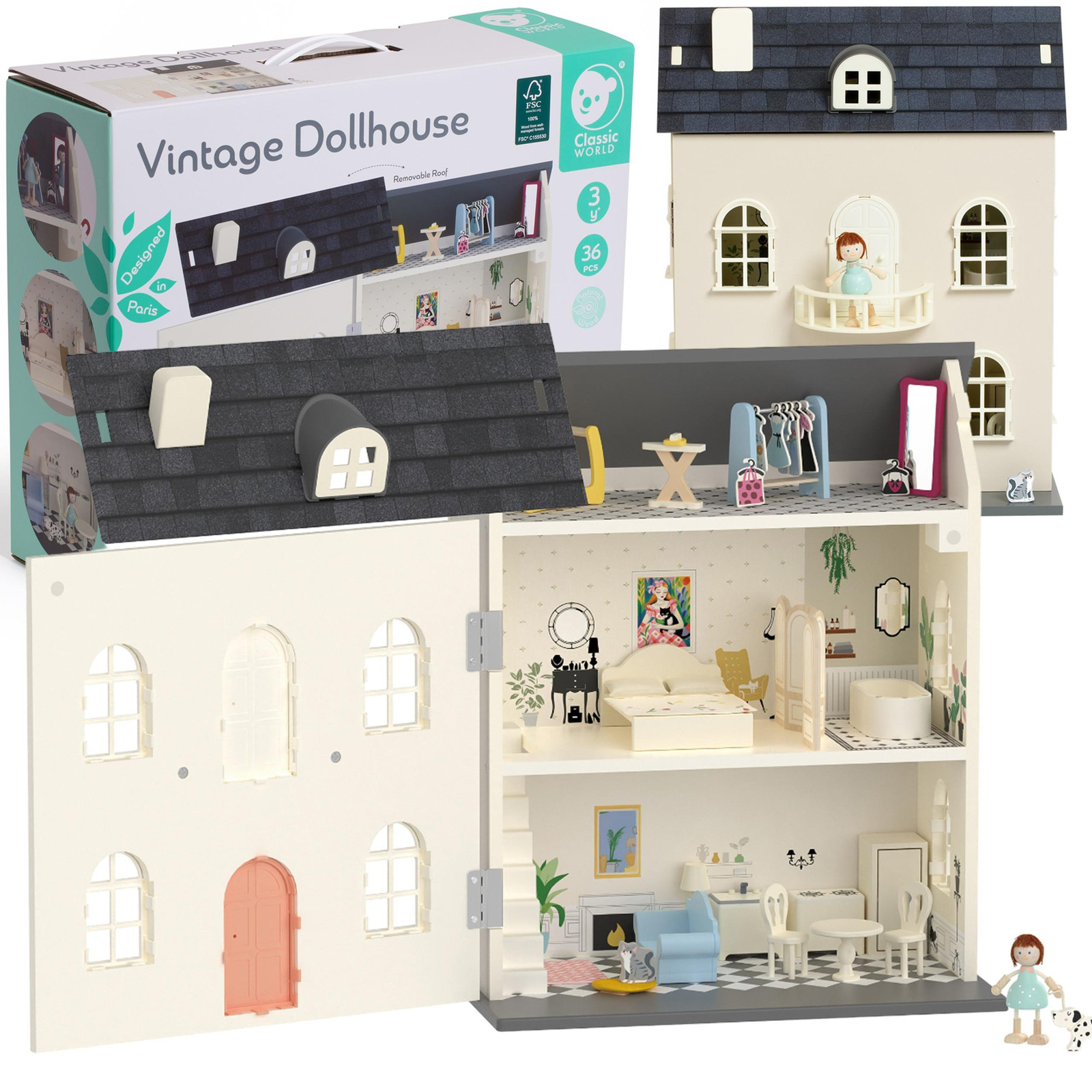 Classic World Houten Poppenhuis Vintage Meubels en Accessoires - 36 stuks