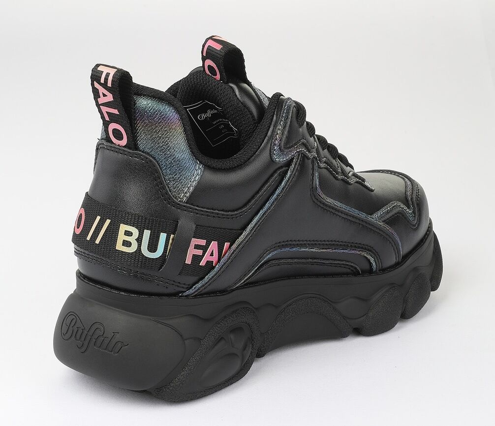 Plateausneaker BUFFALO "CLD Chai", Damen, Gr. 39, Textil, schwarz, Lederimitat, kontrastfarbene Details, Schuhe Plateausneaker, Chunky-Sneaker, Schnürschuh, Halbschuh mit Logoschriftzug schwarz 39, Textil