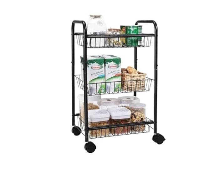 DFHetFH Rollwagen 3-stufiger Lagerwagen, Metall-Küchenwagen, Obst- Und Gemüse-Aufbewahrungskorb, Regal, Snack-Rollwagen Küchenwagen(Black)