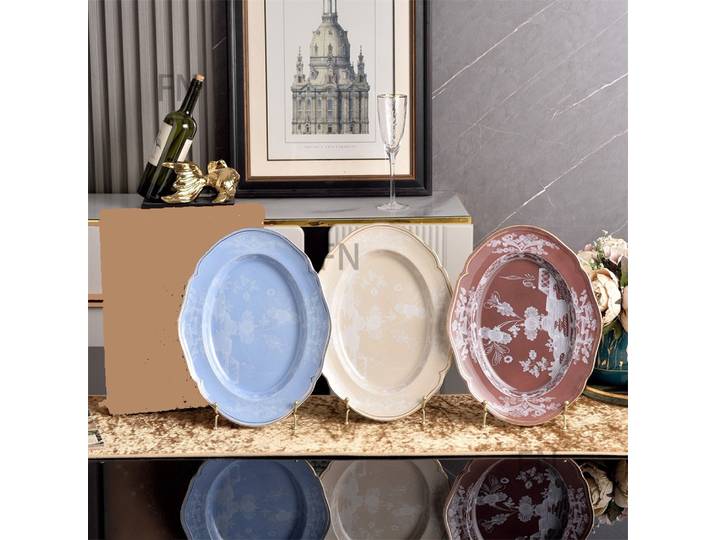 Assiette à poisson en céramique italienne, accessoires de cuisine imprimés elliptiques, assiette en dentelle, vaisselle, boîte-cadeau, couleur café bleu Beige