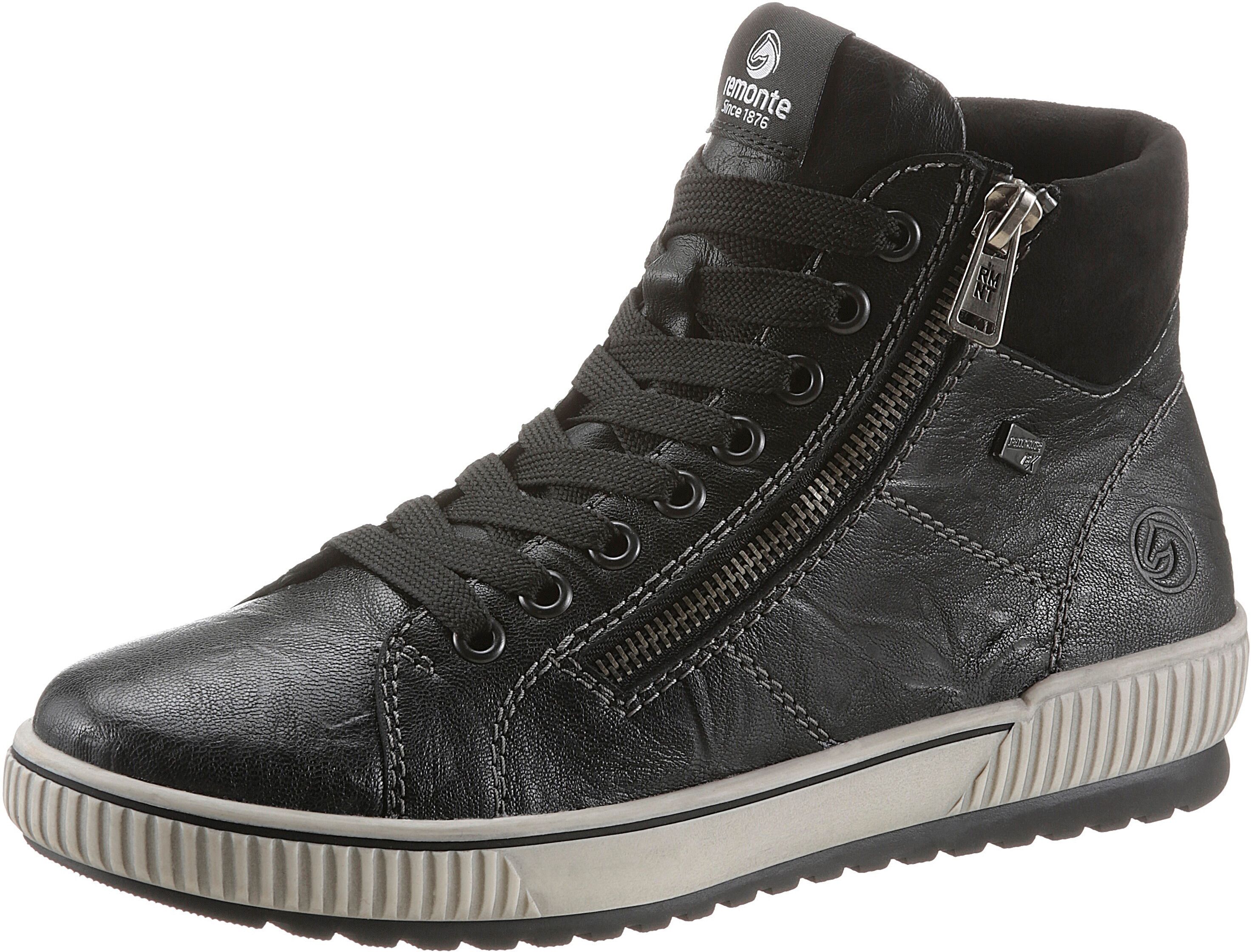 Schnürboots REMONTE, Damen, Gr. 45, wärmend, schwarz, Leder, Lederimitat, Textil, Schuhe Schnürboots, Plateau, Schnürstiefelette, Boots in Crash-Optik schwarz 45, wärmend