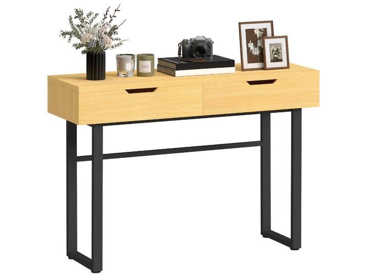 HOMCOM Console meuble 110 cm, table console étroite avec 2 tiroirs, cadre en métal et design sans poignées, table d'entrée, salon, couloir, effet bois naturel