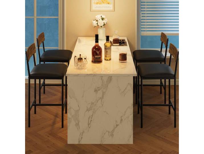 Lot 4 tabourets bar marron rustique hauteur comptoir PU dossier repose-pieds assemblage simple îlot cuisine appartement comptoir bar