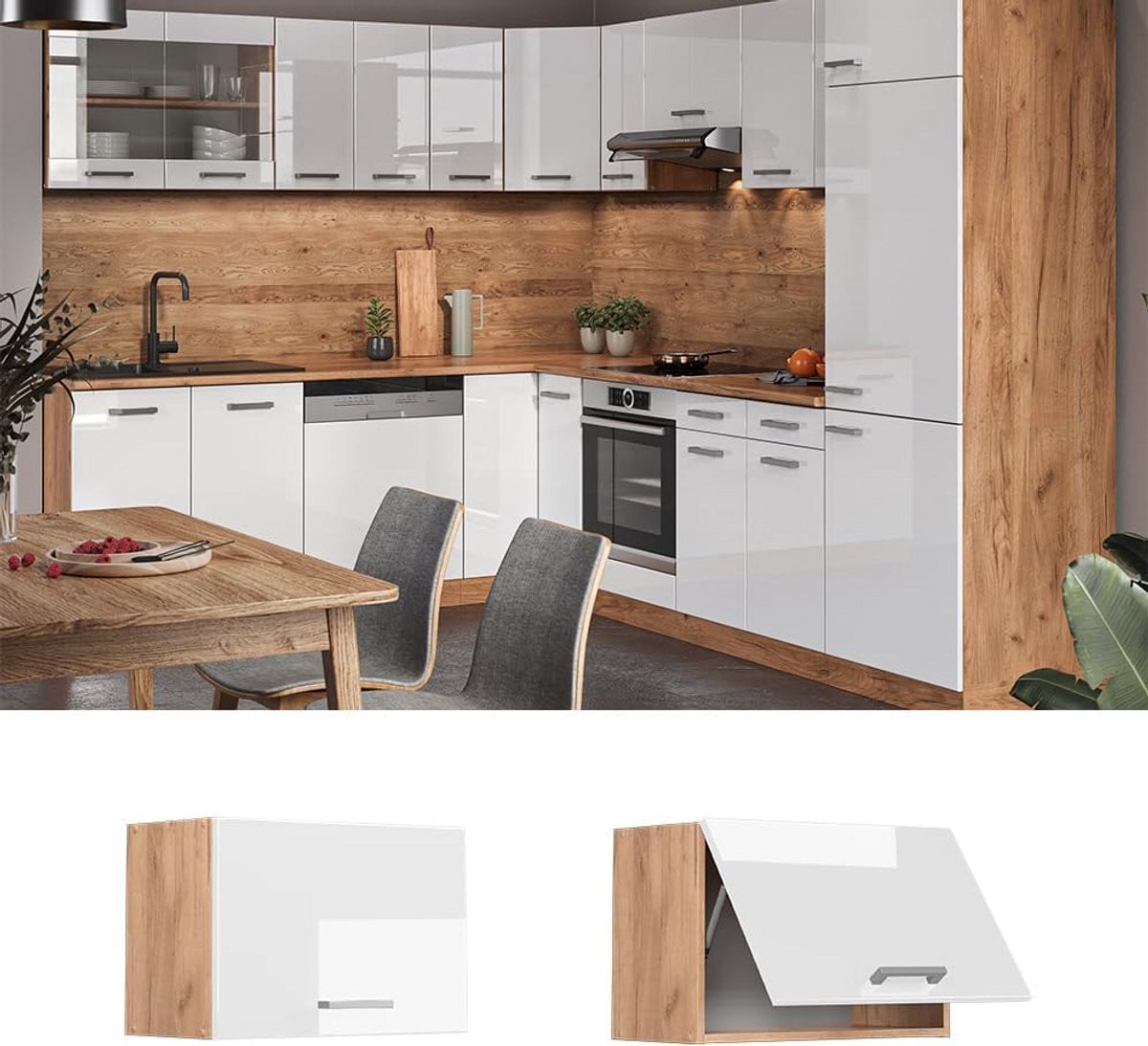 Witte Hoogglans Keukenkast 60 cm met Eiken Gouden Accent voor Keukenmodulair Systeem