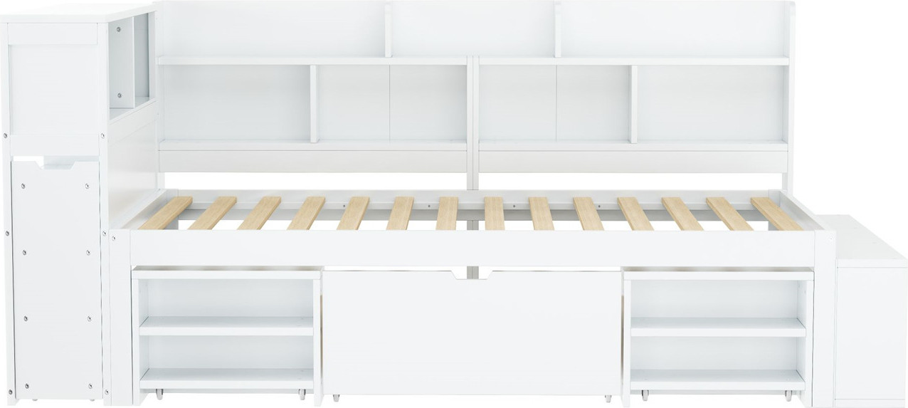 Kinderbett,90*200 cm,Einzelbett,multifunktionales Kinderbett mit Schubladen, Bücherregal und Stauschrank,großer Stauraum,Lattenrost,ohne Matratze