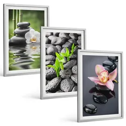 BILDER SET 3er Set - 40x60 cm Silberner Rahmen - Eine ruhige Zen-Komposition aus Blumen und Wasser