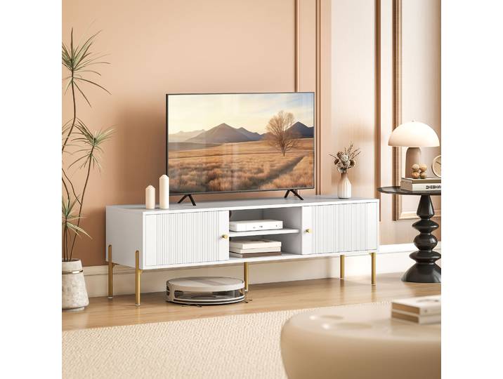 HOMCOM Meuble TV 65 Blanc 2 Portes Pieds Acier 140cm