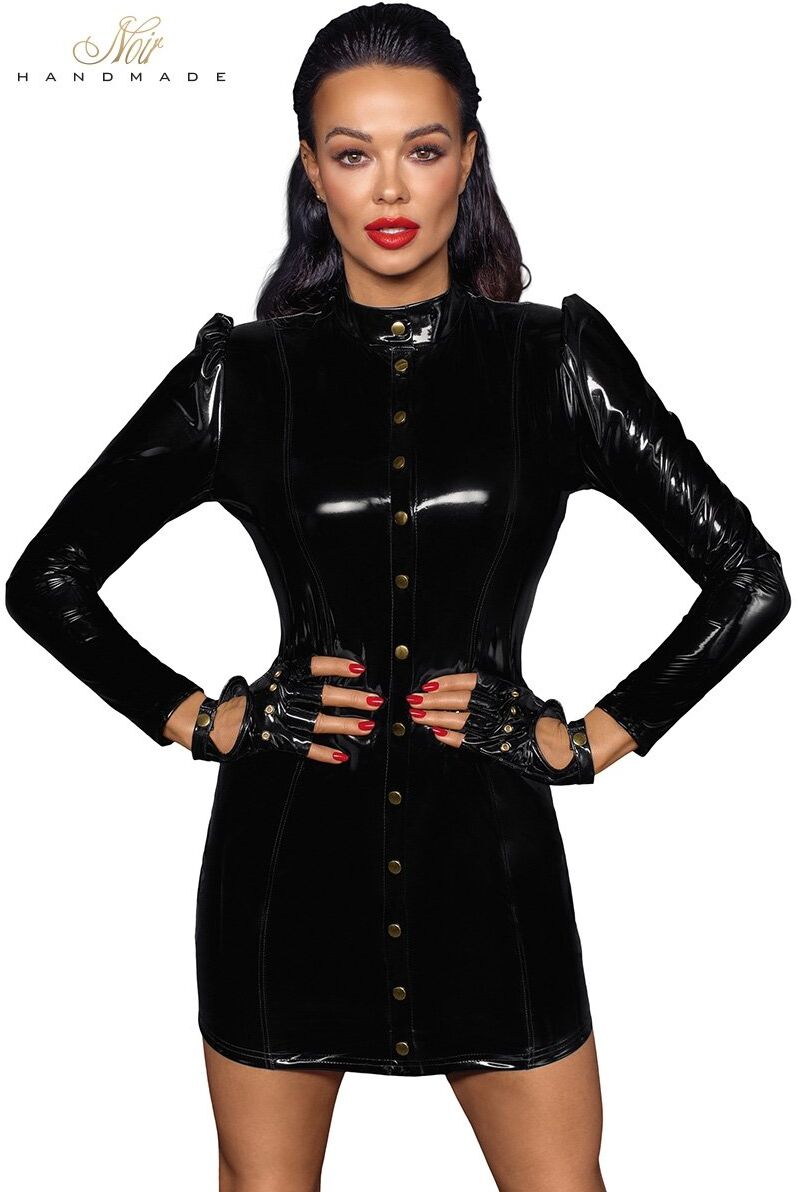 Noir HandMade Robe courte à manches longues en vinyle