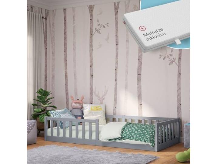 Bellabino Vere Bodenbett 90x200 cm Massivholz Kiefer, mit Matratze,Hellgrau Montessori Kinderbett mit Rausfallschutz & Lattenrost, Massivholzbett für Jungen & Mädchen aus Holz Kiefer, Kleinkindbett