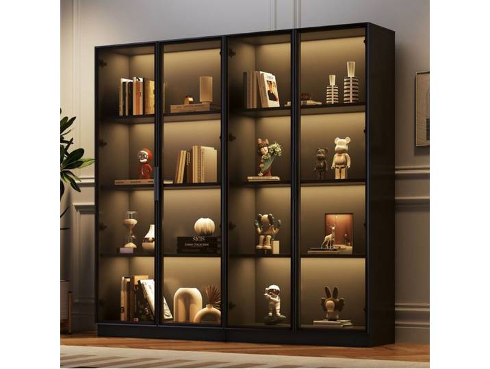 WOVREO Vitrine LED 80 x 40 x 160 cm avec 2 portes vitrées étagères réglables noir