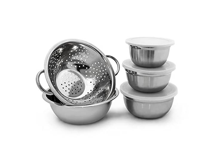Relaxdays 10019118 Lot de 5 pièces empilables 3 bols en acier inoxydable avec couvercle 1 saladier 1 Passoire Inox mélanger conserver\, argenté -30 x 24 x 10 cm