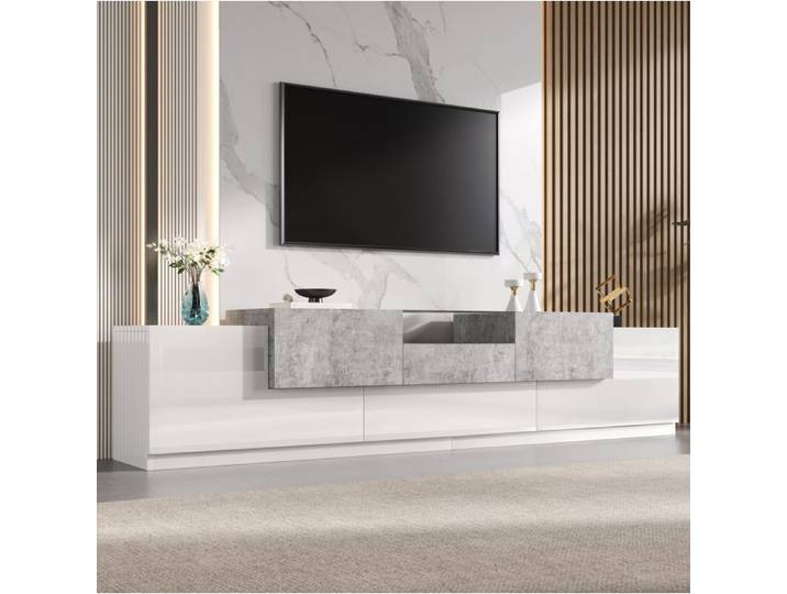 VUENOR Meuble TV 200 cm blanc et gris ciment – 4 portes verre trempé